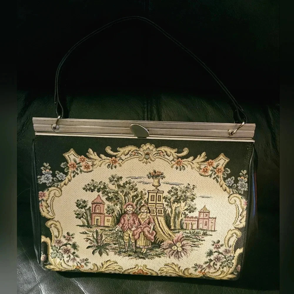 Vintage La Marquise Italian Tapestry 1950s Clutch Top Handle Hand Bag